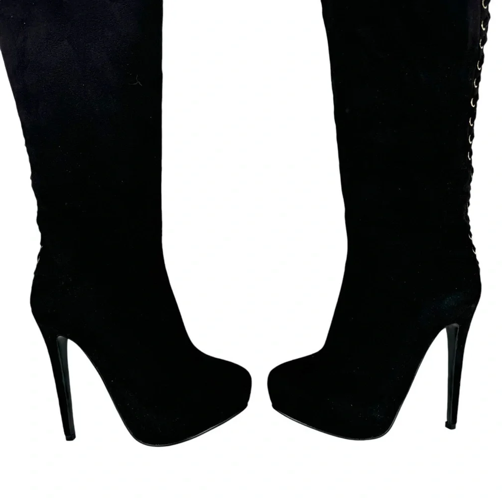 Steve Madden Ladysnte Lace Up Thigh High Boots Platform Black Faux Suede SZ 6.5
